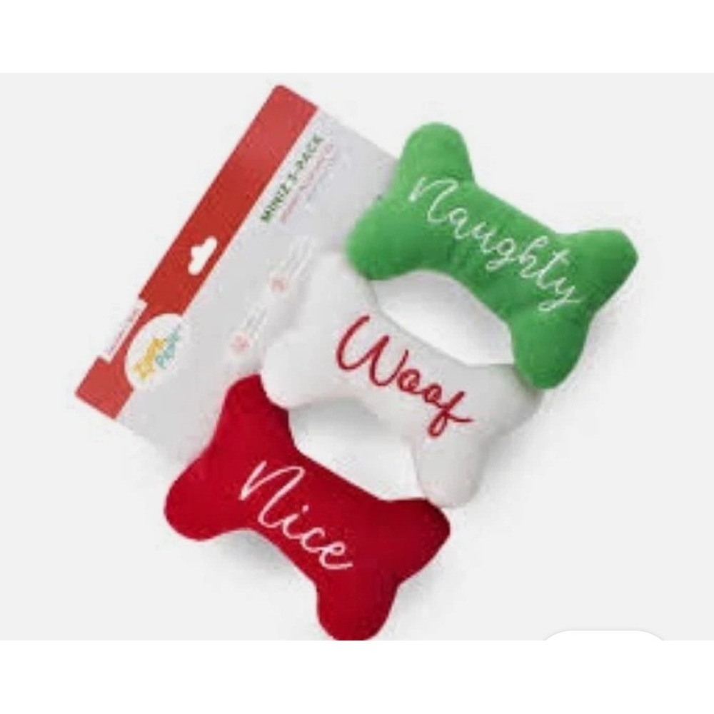 Zippy Paws Holiday Mini Bone Plush Dog Toys 3-Pack Naughty Nice Woof